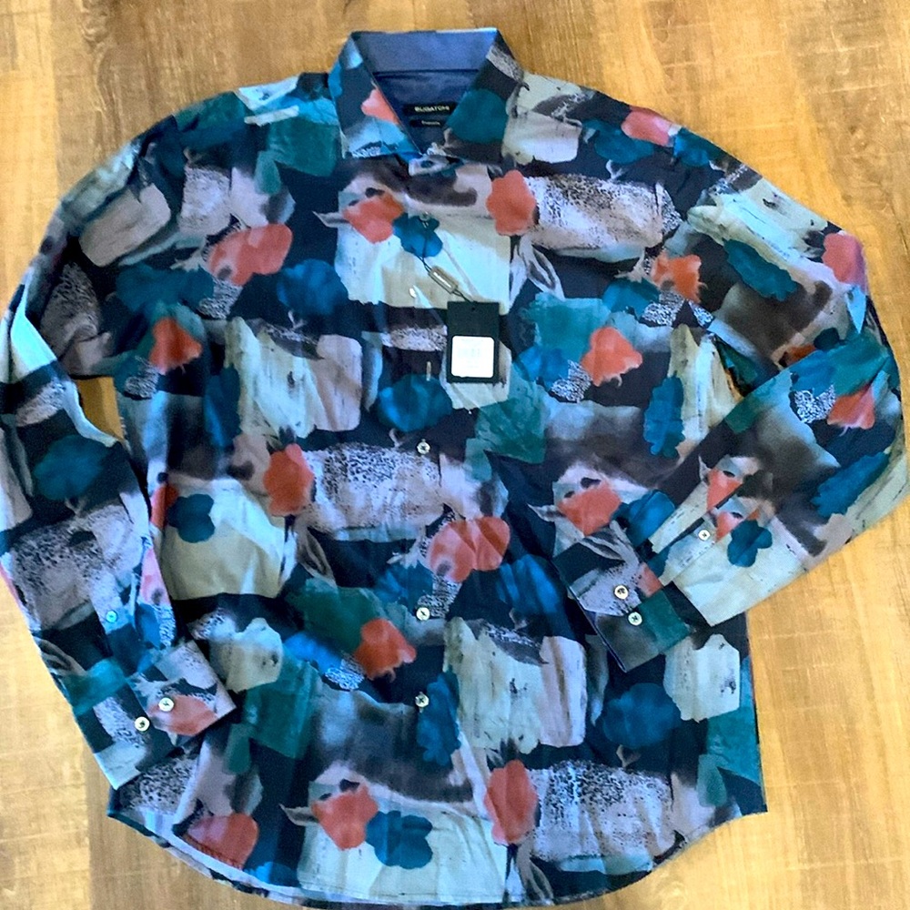 NWT!! BUGATCHI Abatract Print “Caviar” Shaped Fit Shirt - sz XL.  $199